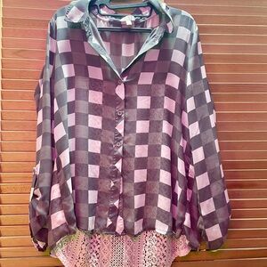 Charming Charlie Flannel and Lace Long Sleeve Shirt Size L